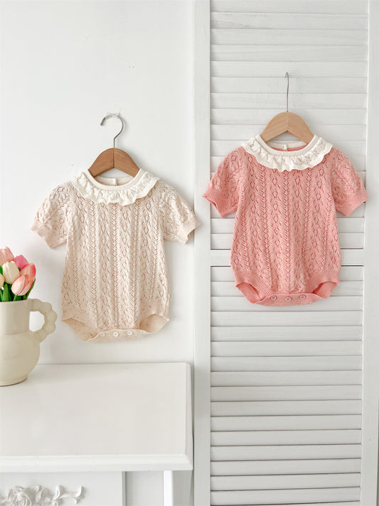 New Arrival Summer Baby Kids Girls Knitted Ruffled Collar Hollow Out Short Sleeves Onesies