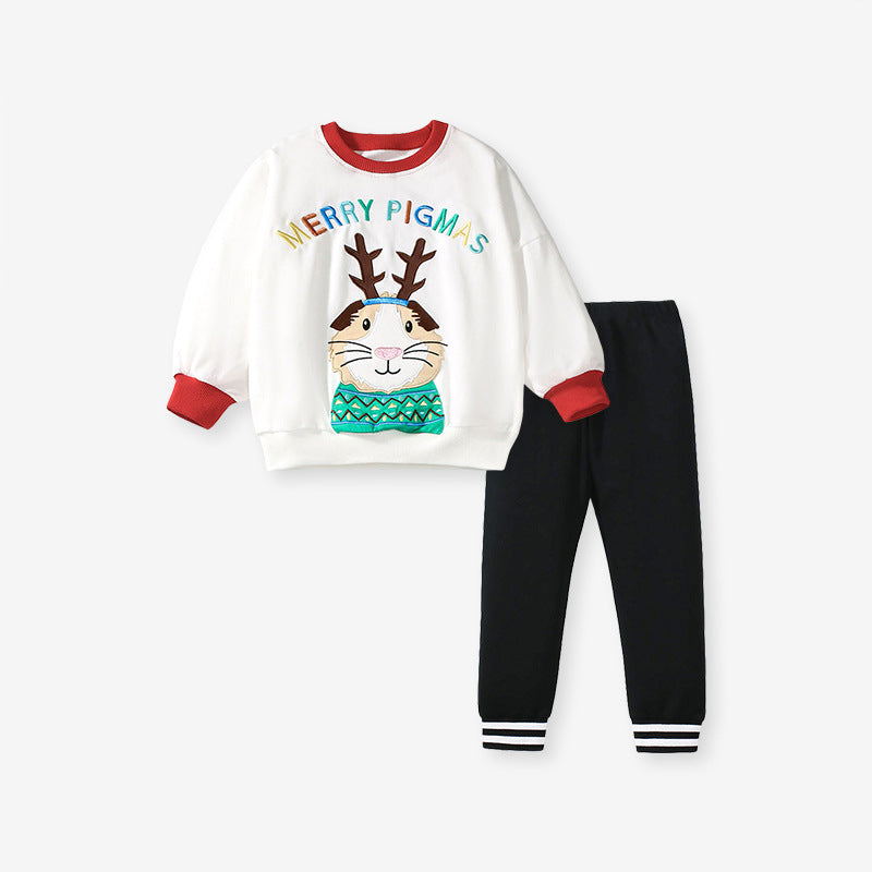 Spring and Autumn Girls Cartoon Christmas Pattern Long Sleeves Crew Neck Top Color Patchwork Sweatshirt and Pants Clothing Set