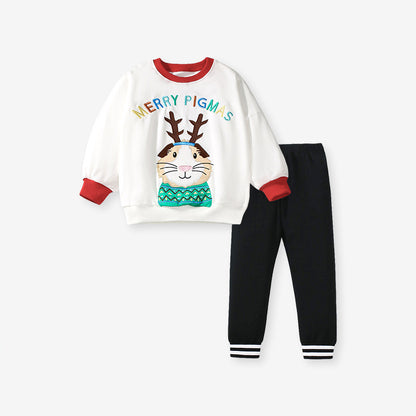 Spring and Autumn Girls Cartoon Christmas Pattern Long Sleeves Crew Neck Top Color Patchwork Sweatshirt and Pants Clothing Set