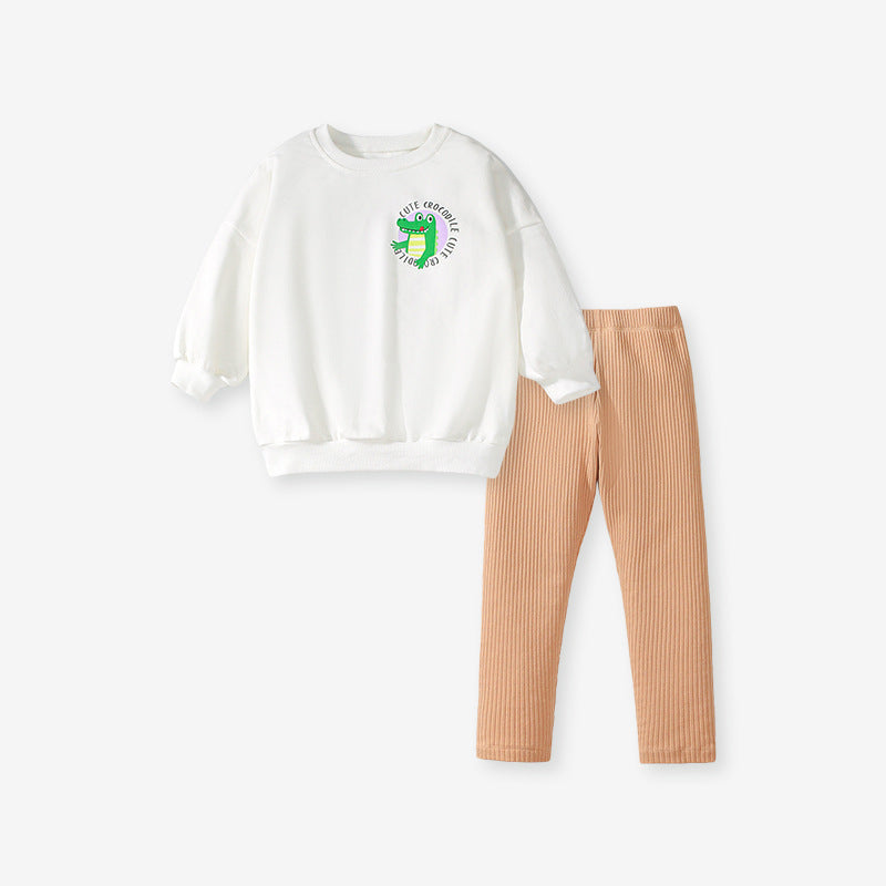 Conjunto de sudadera y pantalón con cuello redondo y mangas largas con logo de cocodrilo sencillo para niñas de primavera y otoño 