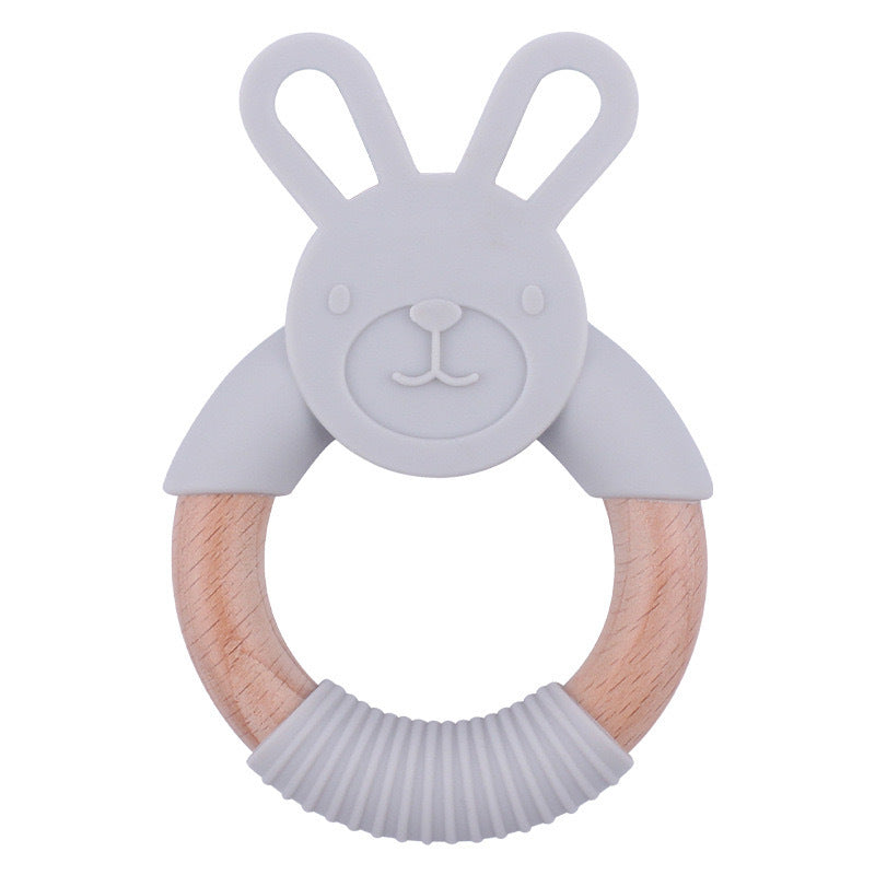 Baby Food-Grade Teething Rattle, Teething Aid for Babies, Wooden and Silicone Rabbit Teething Bracelet