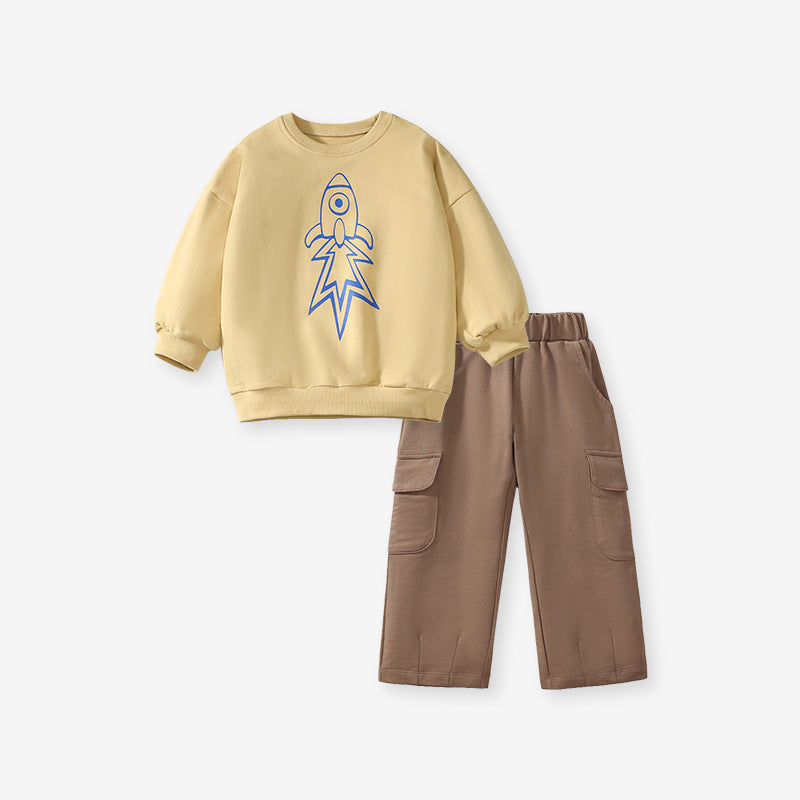 Conjunto de sudadera y pantalones de manga larga con estampado de cohetes para niños de alta calidad para primavera y otoño 