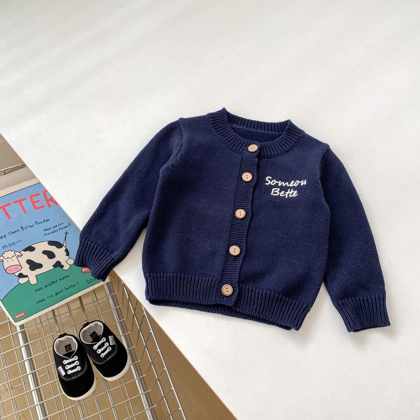 Autumn Baby Kids Boys Letters Embroidery Pattern Knitted Crew Neck Cardigan (Solo), Denim Pants and Striped Shirts