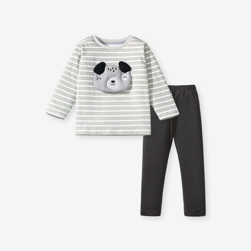 Arrival Spring And Autumn Boys Casual Cartoon Dog Long Sleeves Top Striped T-Shirt And Pants Clothing Set