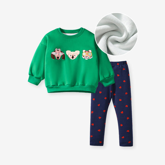 Spring And Autumn Girls Cartoon Animals Pattern Green Long Sleeves Top Sweatshirt And Heart Pattern Pants Clothing Set