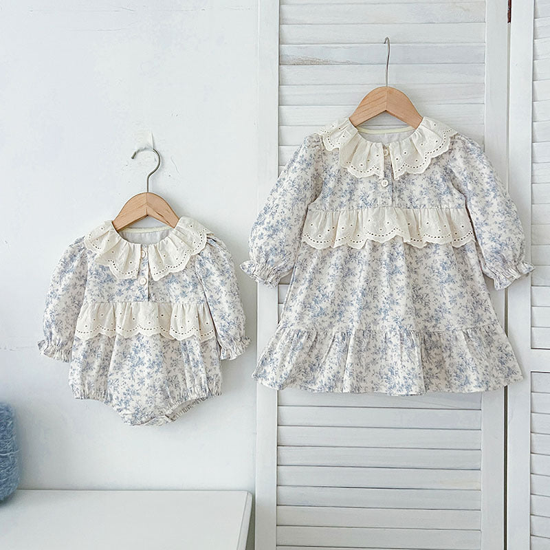 Spring Baby Girls French-style Floral Long-sleeved Onesies and Dress – Princess Sister Matching Set