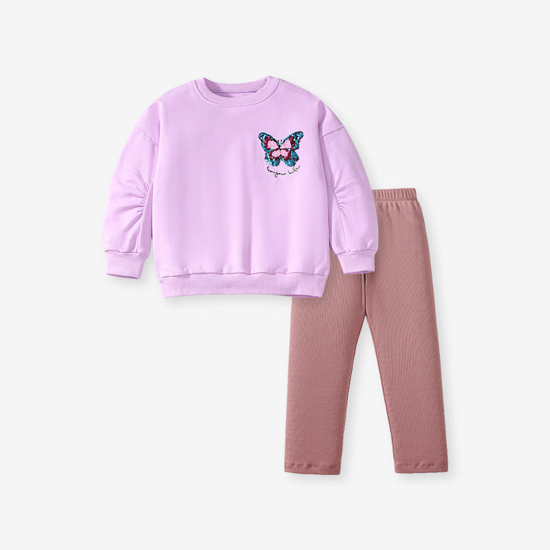 Spring And Autumn Girls Simple Butterfly Logo Long Sleeves Crew Neck Top Sweatshirt And Pants Clothing Set