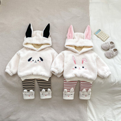 Winter Hot Selling Baby Unisex Long Sleeves Simple Rabbit Design Hooded Top Pullover and Striped Trousers Set