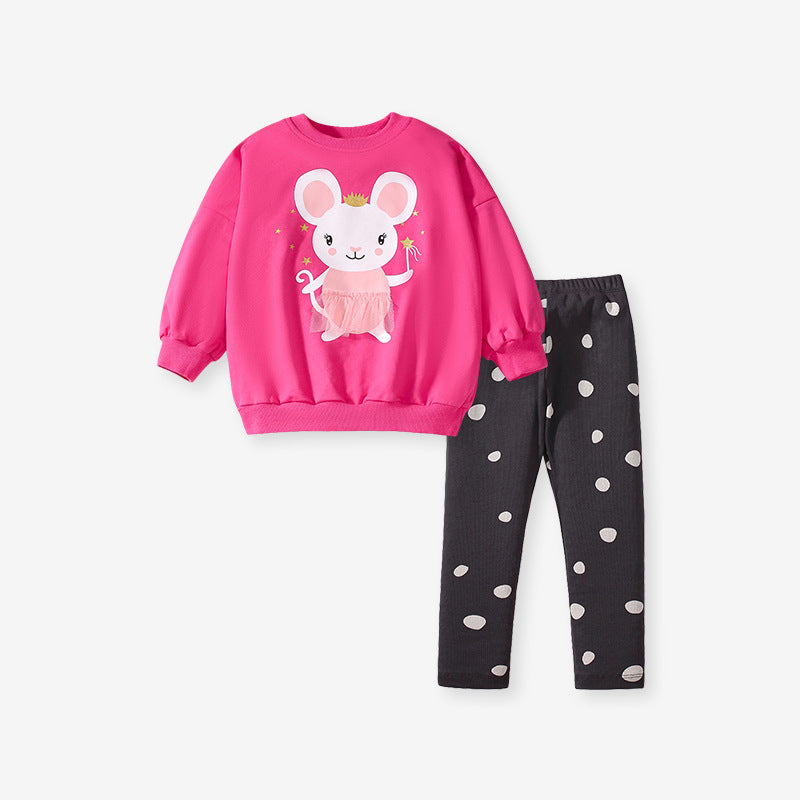 Spring And Autumn Girls Cartoon Princess Mouse Pattern Long Sleeves Crew Neck Top Sweatshirt And Polka Dots Pants Clothing Set