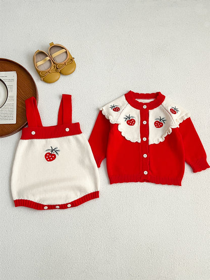 Arrival Autumn Baby Girls Long Sleeves Strawberry Embroidery Knitted Cardigan and Sleeveless Strap Bodysuits –  Clothing Set