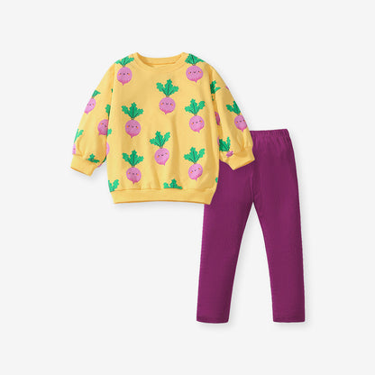 Spring And Autumn Girls Cute Turnip Cartoon Pattern Long Sleeves Top Sweatshirt And Pants Clothing Set