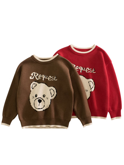 Autumn New Arrival Baby Girls Kids Cute Teddy Bear Pattern Crew Neck Long Sleeves Knitted Sweatshirt Pullover