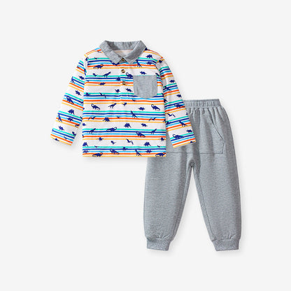 Arrival Spring And Autumn Boys Casual Dinosaur Print Striped Long Sleeves Top Polo Shirt And Pants Clothing Set