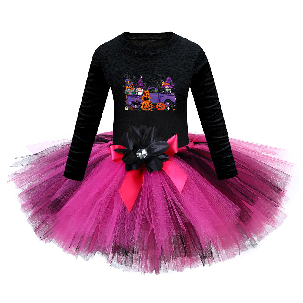 Arrival Girls’ Halloween Costume: Long Sleeves Cartoon Print Witches Cosplay Party Tulle Patchwork Dress