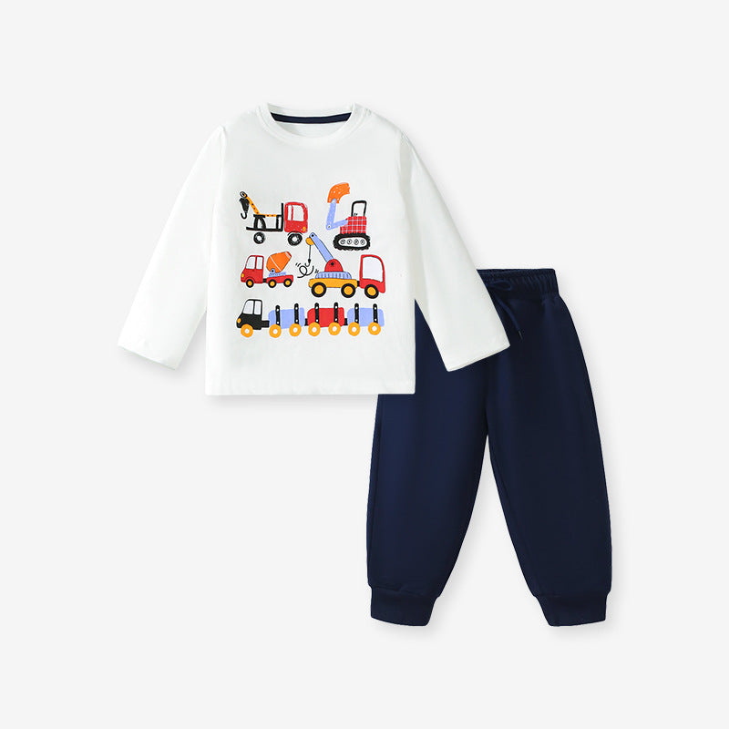 Conjunto de camiseta de manga larga y pantalones de color liso con estampado de vehículos de dibujos animados para niños de primavera y otoño 