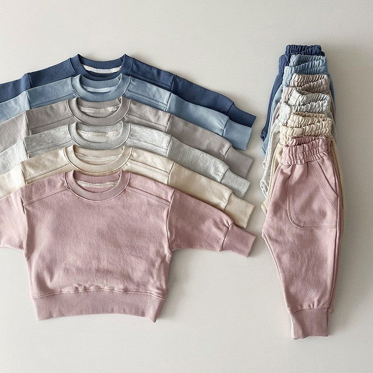 Autumn Baby Kids Unisex Casual Solid Color Long Sleeves Pullover and Pocketed Pants Clothing Set