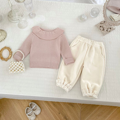 Autumn Hot Selling Baby Girls Long Sleeves Simple Plain Knitted Top and Thick Trousers