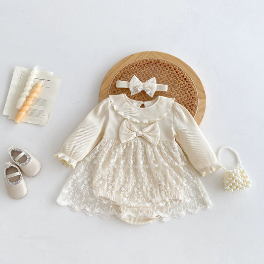 Spring New Arrival Baby Girls Cute Floral Embroidered Tulle Long Sleeves Onesies