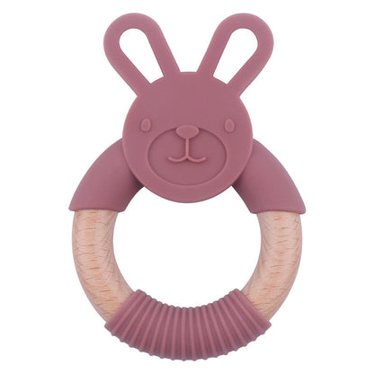 Baby Food-Grade Teething Rattle, Teething Aid for Babies, Wooden and Silicone Rabbit Teething Bracelet