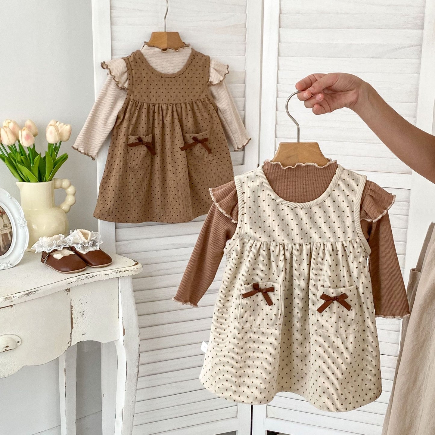 Autumn Baby Girls Long Sleeves Simple Knitted Top and Dots Pattern Sleeveless Dress – Clothing Set