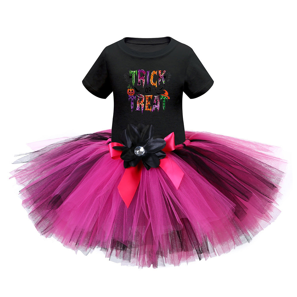 Arrival Girls’ Halloween Costume: Short Sleeves Cartoon Print Witches Cosplay Party Tulle Patchwork Dress