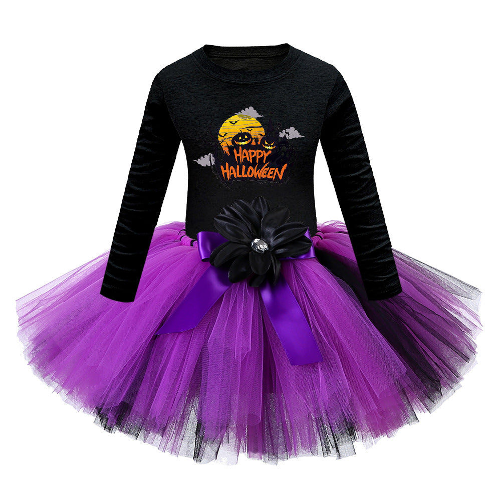 Arrival Girls’ Halloween Costume: Long Sleeves Cartoon Print Witches Cosplay Party Tulle Patchwork Dress