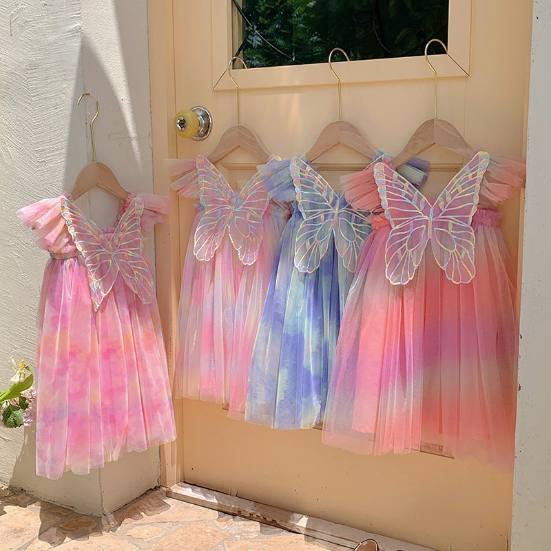 Summer Baby Kids Girls Gradient Fly Sleeves Butterfly Design Mesh Princess Dress