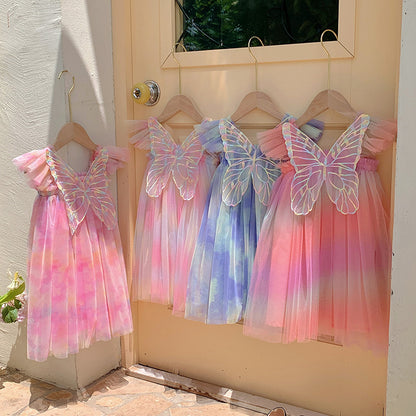 Summer Baby Kids Girls Gradient Fly Sleeves Butterfly Design Mesh Princess Dress