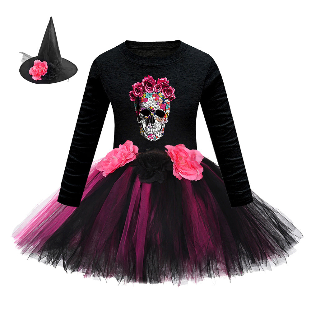 Disfraz de Halloween para niñas recién llegadas: vestido de tul con estampado de dibujos animados de brujas y mangas largas para fiesta de cosplay con conjunto de sombrero 