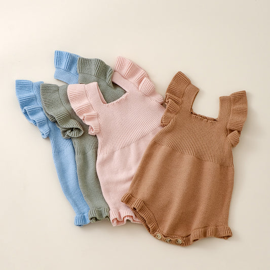 Summer New Arrival Baby Girls Solid Color Fly Sleeves Square Neck Knitted Onesies