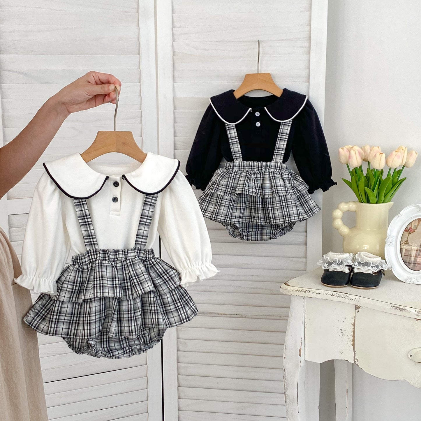 Arrival Autumn Baby Girls Long Sleeves Simple Top and Plaid Overalls Skirt- Clothing Set