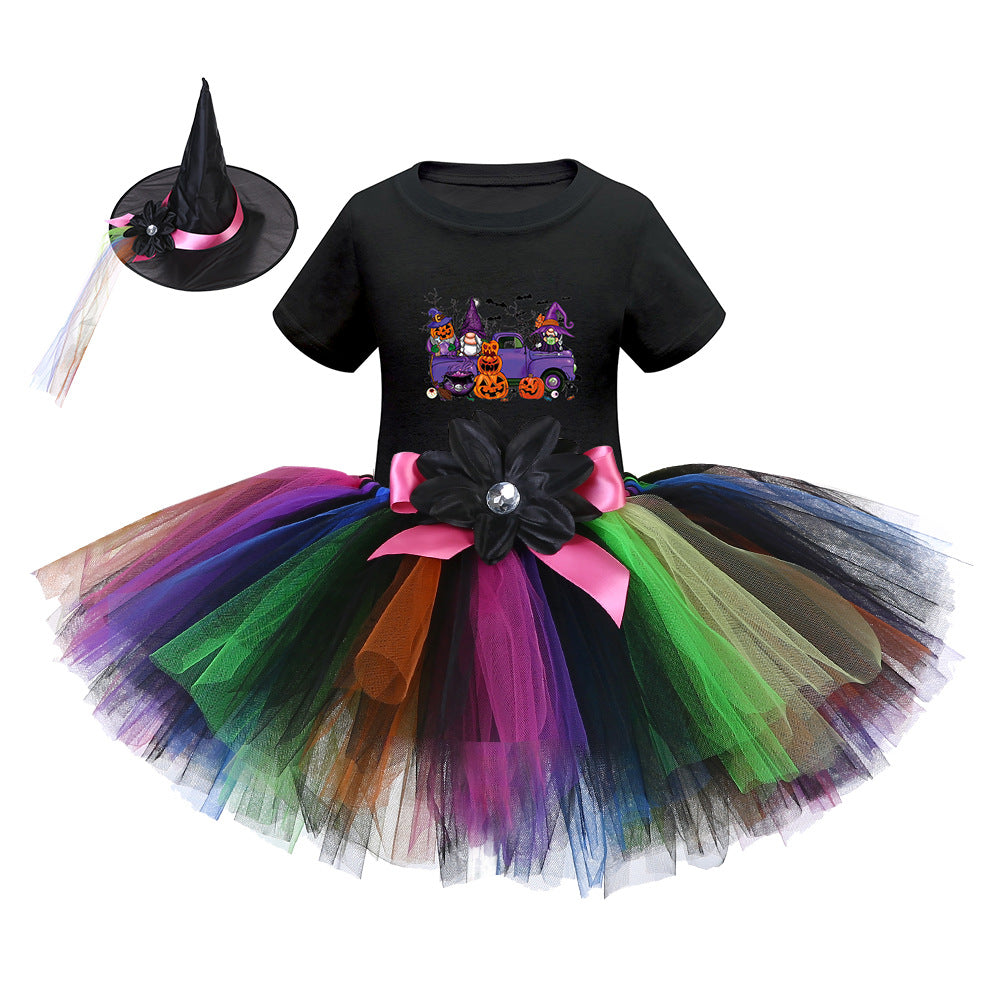 Arrival Girls’ Halloween Costume: Short Sleeves Cartoon Print Witches Cosplay Party Tulle Patchwork Dress with Hat Set