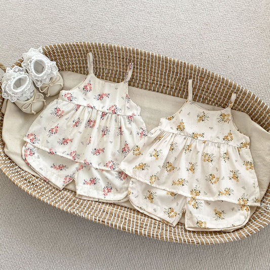 Baby Girl Flower Pattern Sling Tops With Shorts Sets