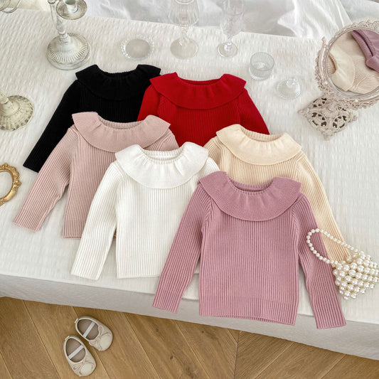 Autumn New Arrival Baby Kids Girls Comfortable Simple Solid Color Knitted Long Sleeves Top with Collar