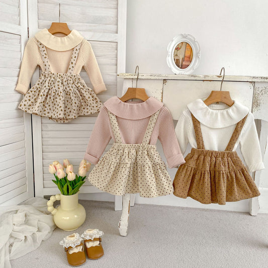 Arrival Autumn Baby Girls Long Sleeves Simple Top and Cute Overalls Skirt- Clothing Set