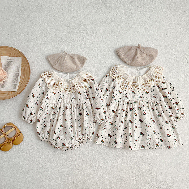 Baby Lace Collar Romper And Floral Print Girls’ Dress – Princess Sister Matching Set