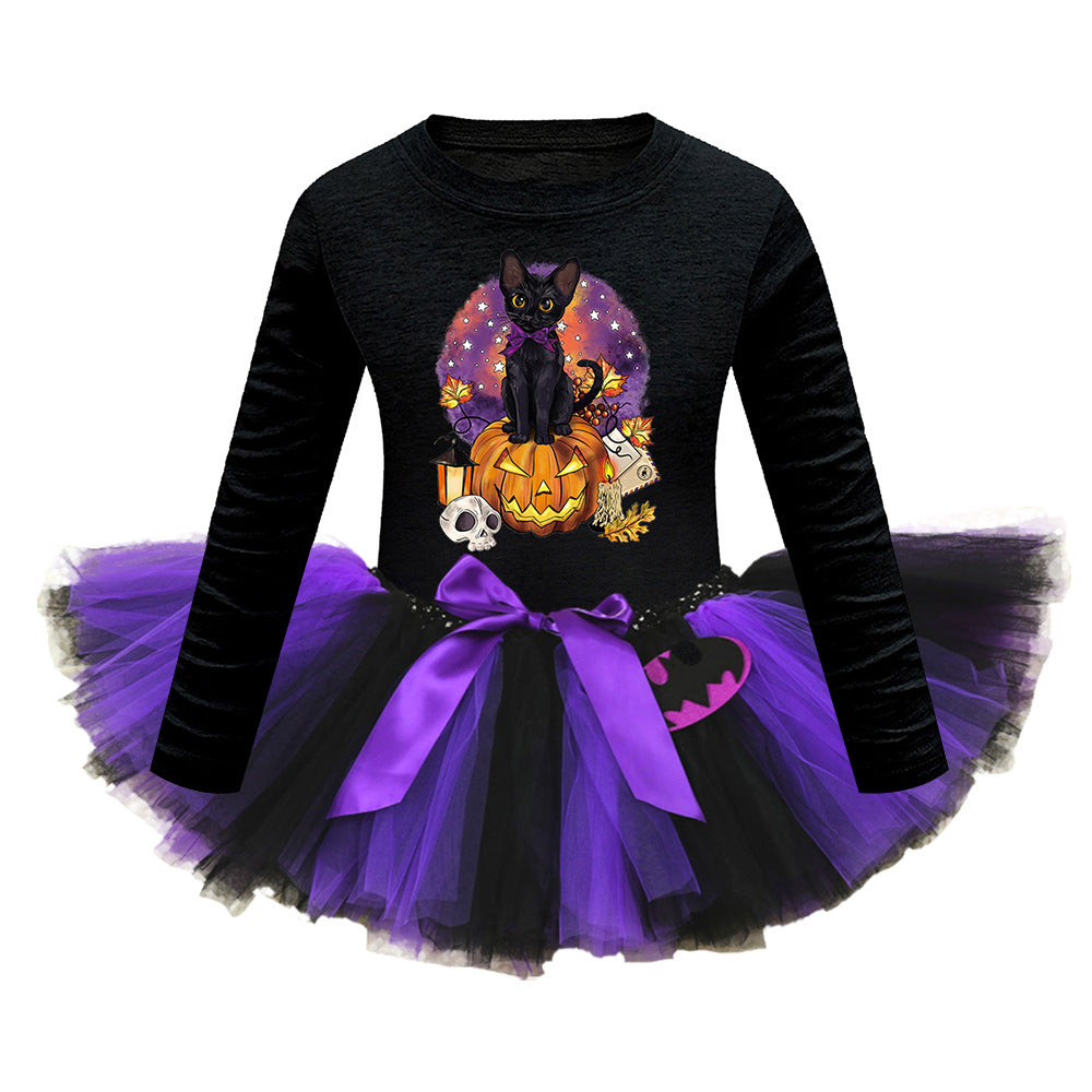 Arrival Girls’ Halloween Costume: Long Sleeves Cartoon Print Witches Cosplay Party Tulle Patchwork Dress