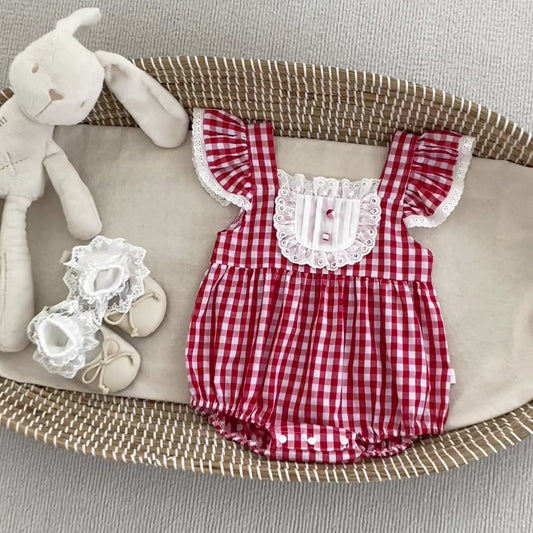 Summer New Arrival Baby Girls Fly Sleeves Thin Plaid Pattern Strap Onesies