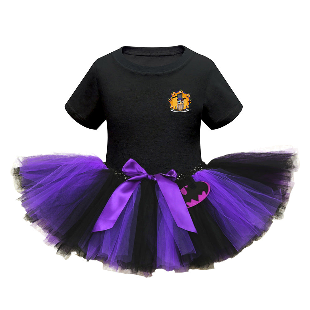 Arrival Girls’ Halloween Costume: Short Sleeves Cartoon Print Witches Cosplay Party Tulle Patchwork Dress