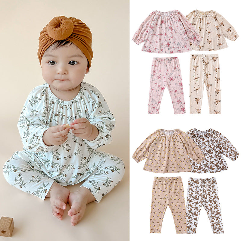 Baby Floral Print Pattern Loose Style Tops And Pants Outfits Sets Homeclothes My Kids-USA