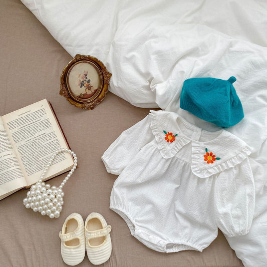 Body de manga larga con diseño bordado de flores de color sólido para niña bebé 