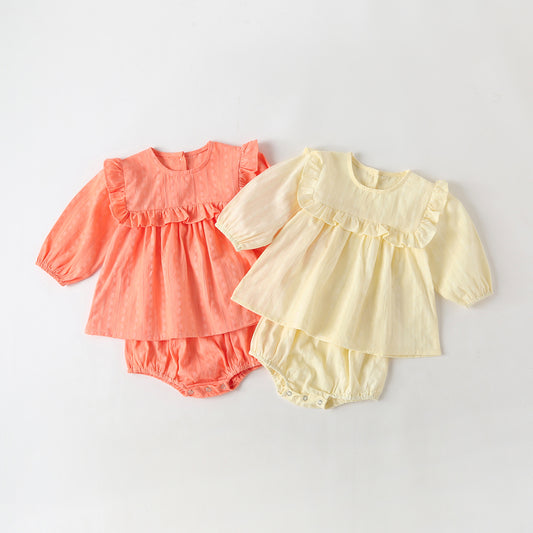 Baby Girl Solid Color Frill Trim Design Long-Sleeve Tops Combo Triangle Shorts Sets My Kids-USA