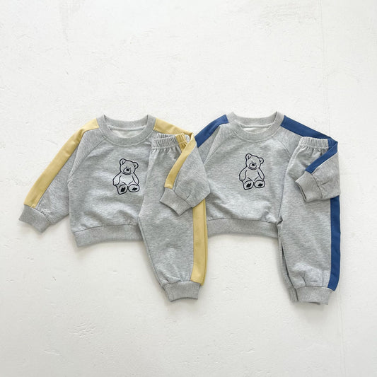 Pantalones largos combinados con cuello redondo y estampado de oso unisex para bebé infantil en conjuntos 