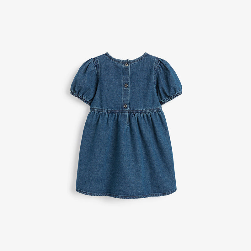 Baby Girl Solid Color Puff Sleeve Loose Denim Dress
