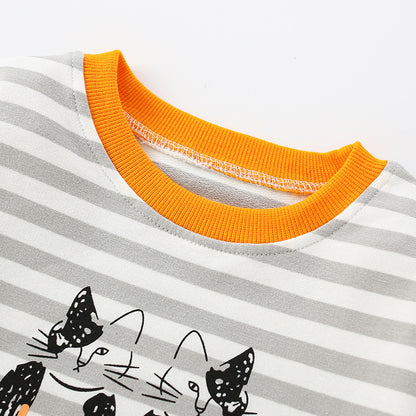 Baby Boy Cartoon Cat & Striped Pattern Colormatching Design Hoodie