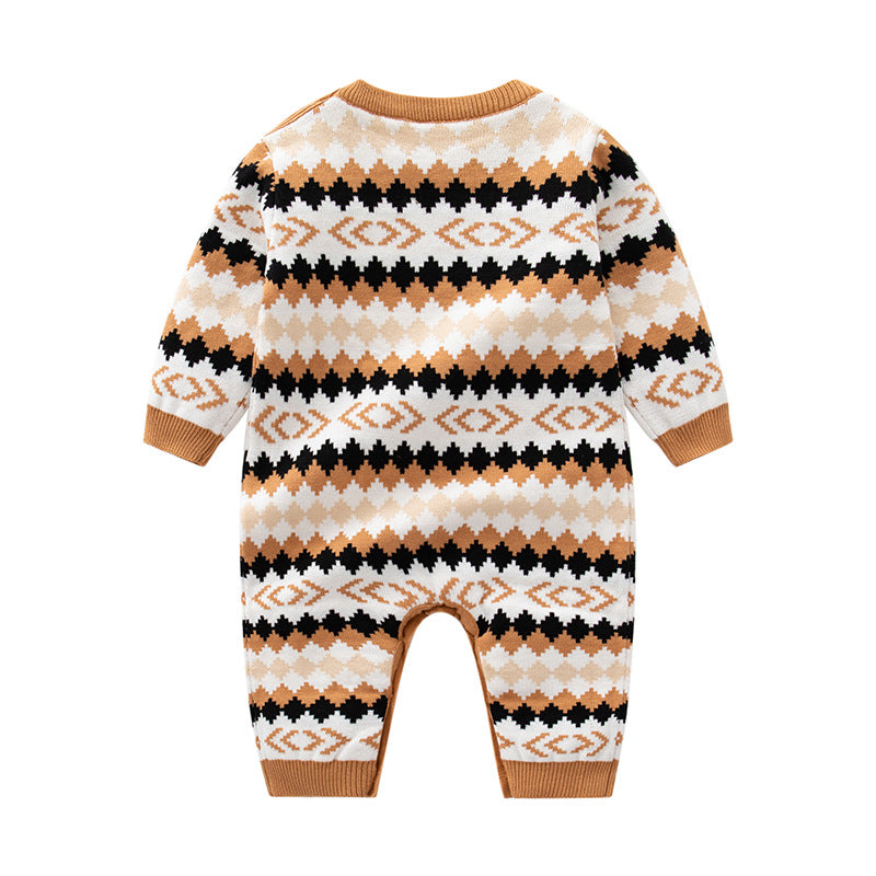 Combinaison barboteuse tricotée à manches longues à motif géométrique brodé pour bébé 