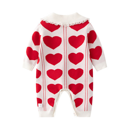 Barboteuse en tricot à manches longues avec col de poupée et motif cœur pour bébé 