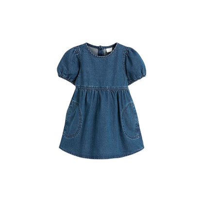 Baby Girl Solid Color Puff Sleeve Loose Denim Dress