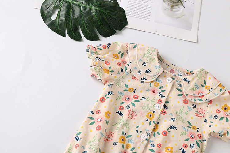 Baby Girl Froral Print Pattern Shirt With Double Collar Design Short Sleeved Onesies