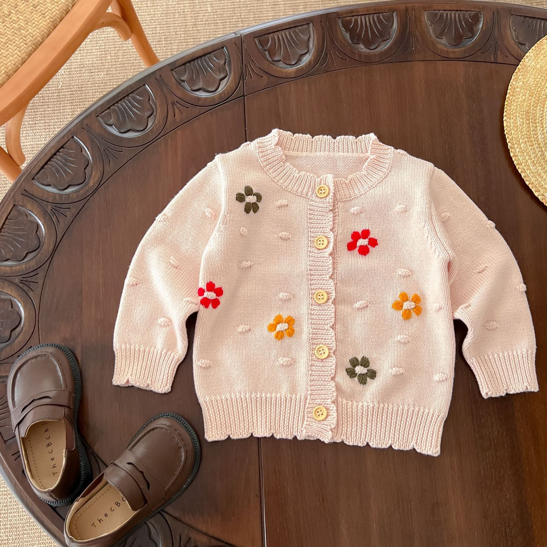 Baby Girl Flower Embroidered Graphic Single Breasted Design Knit Cardi